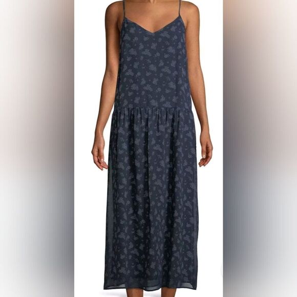 VINCE SP Coastal Navy Blue Calico Floral Print 100%SILK Cami Slip Midi Dress - Picture 5 of 13
